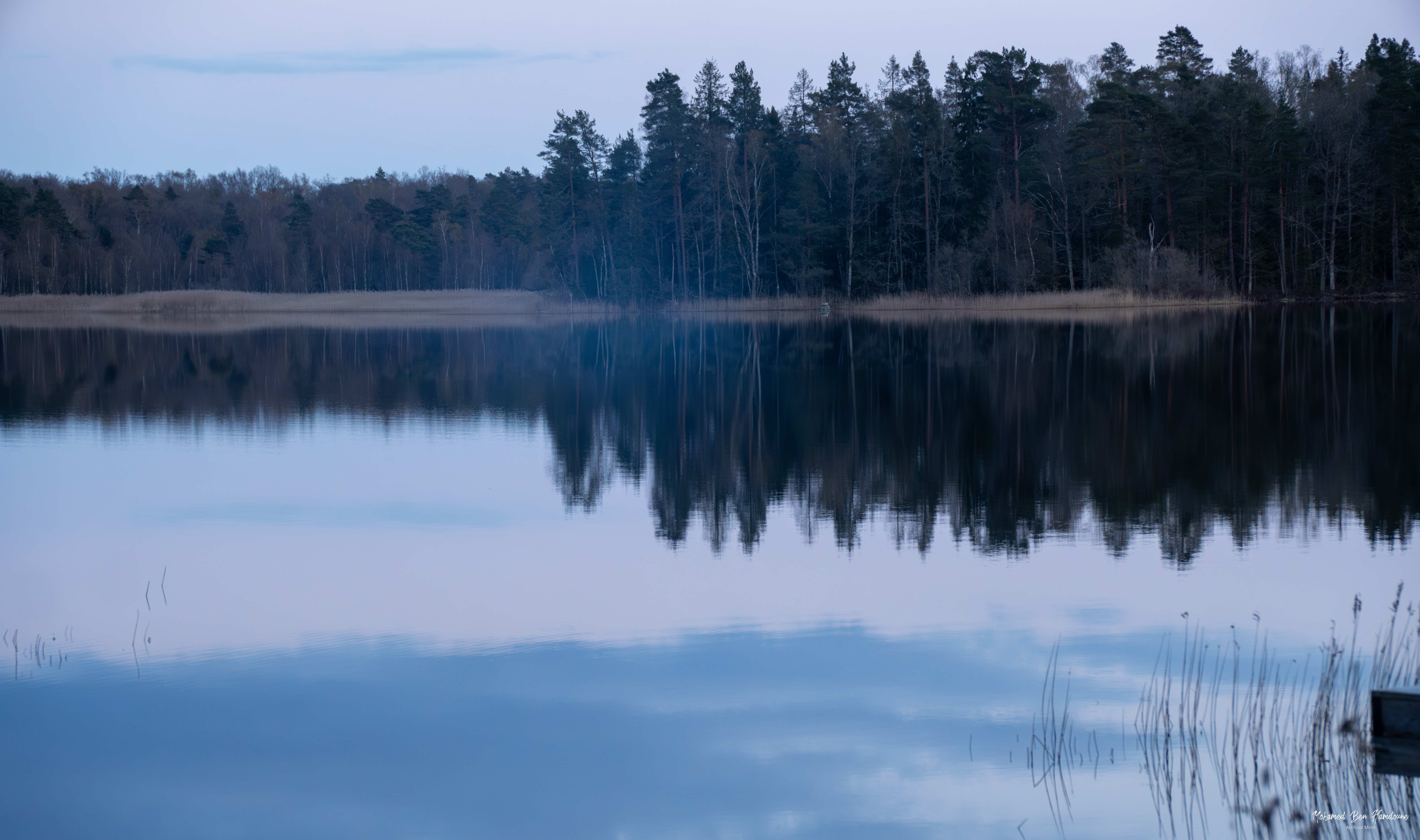 Reflections on Åsnen Lake at dusk