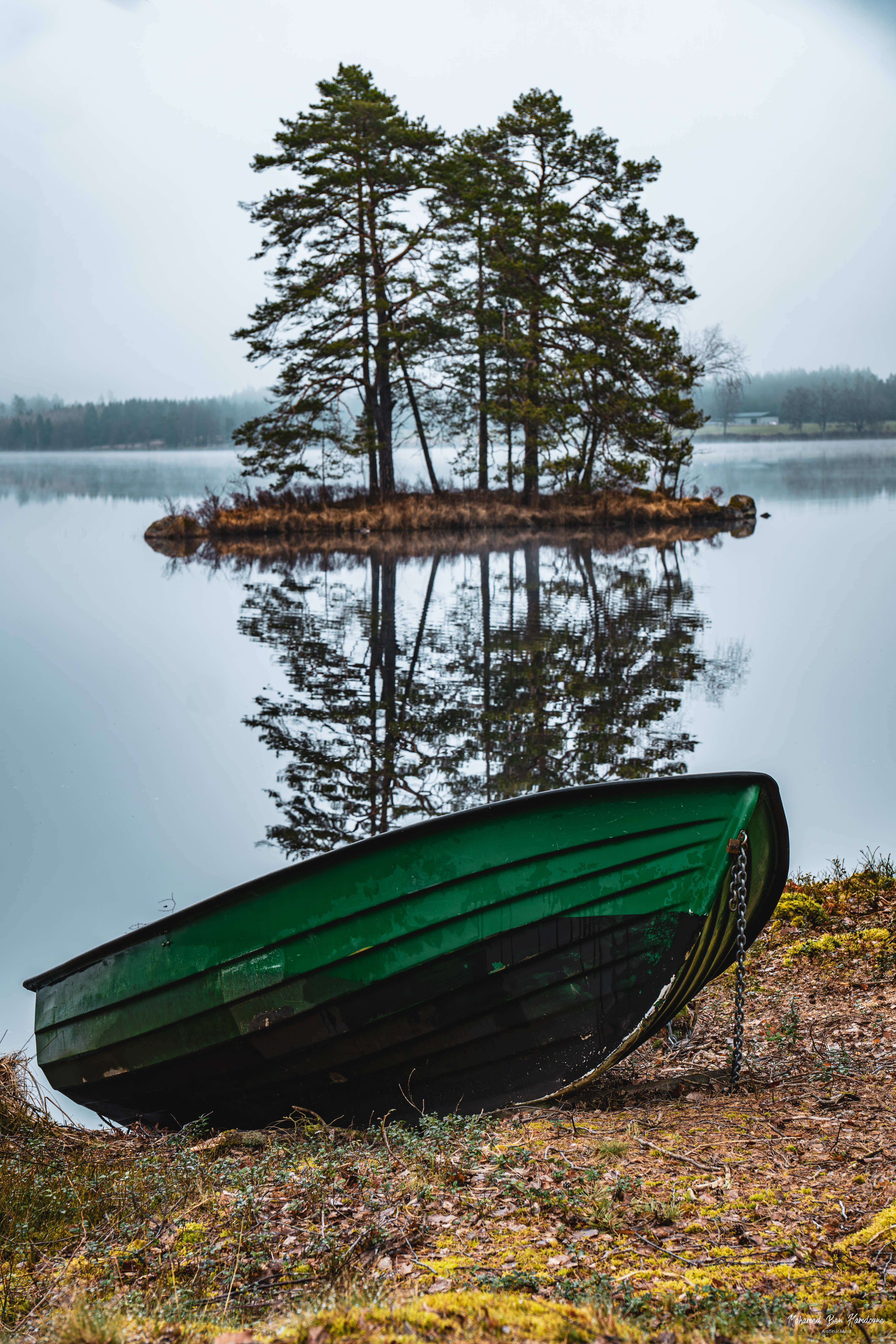 Perfect reflection of an island on Immeln Lake